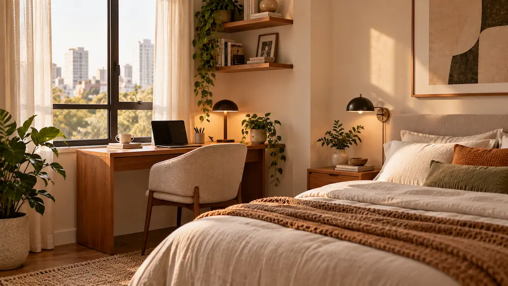 Escritório no quarto com escrivaninha compacta