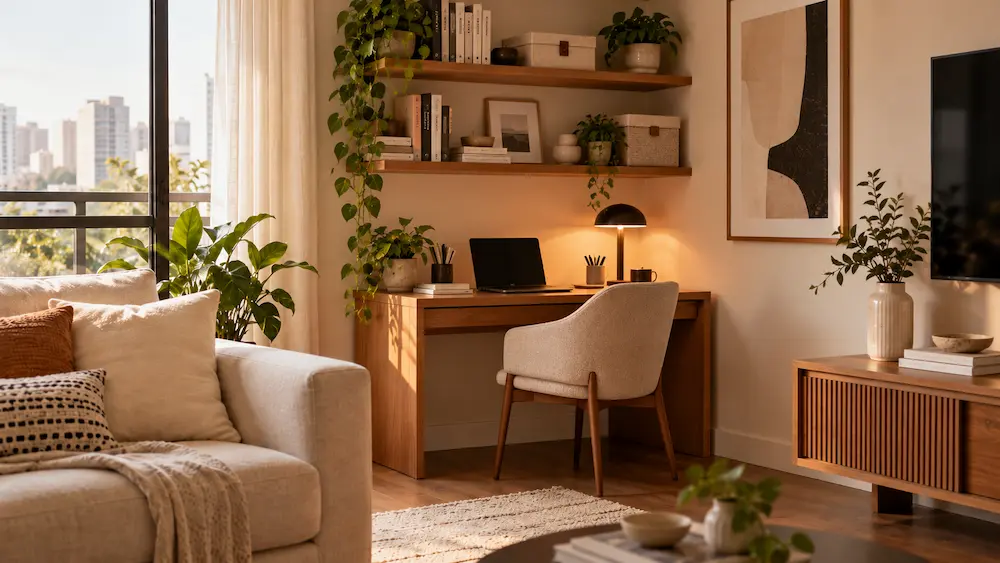 Escritório com prateleiras acima da mesa