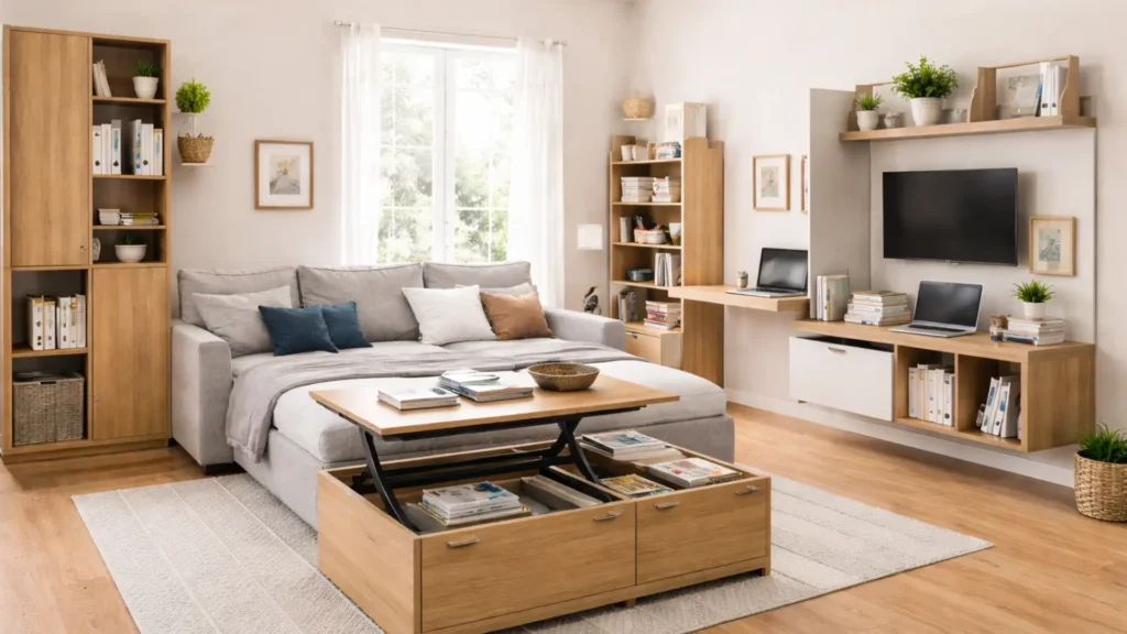 Imagem com exemplos de Móveis multifuncionais para o quarto