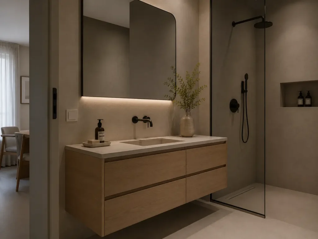 Banheiro minimalista com metais pretos