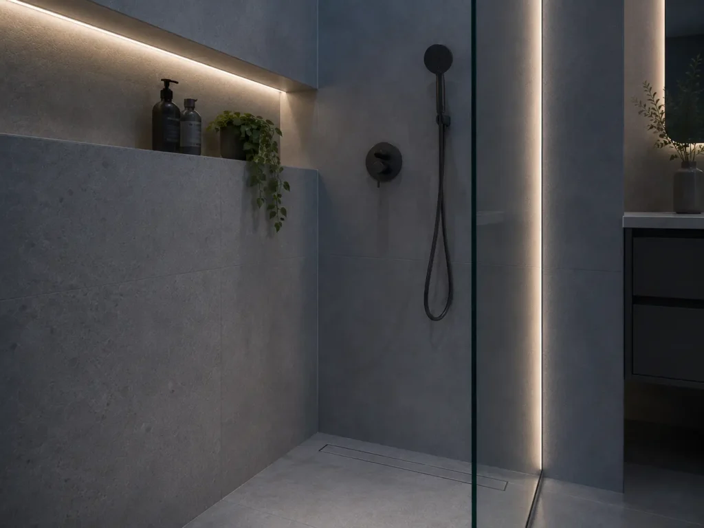 Banheiro minimalista com iluminação indireta no box