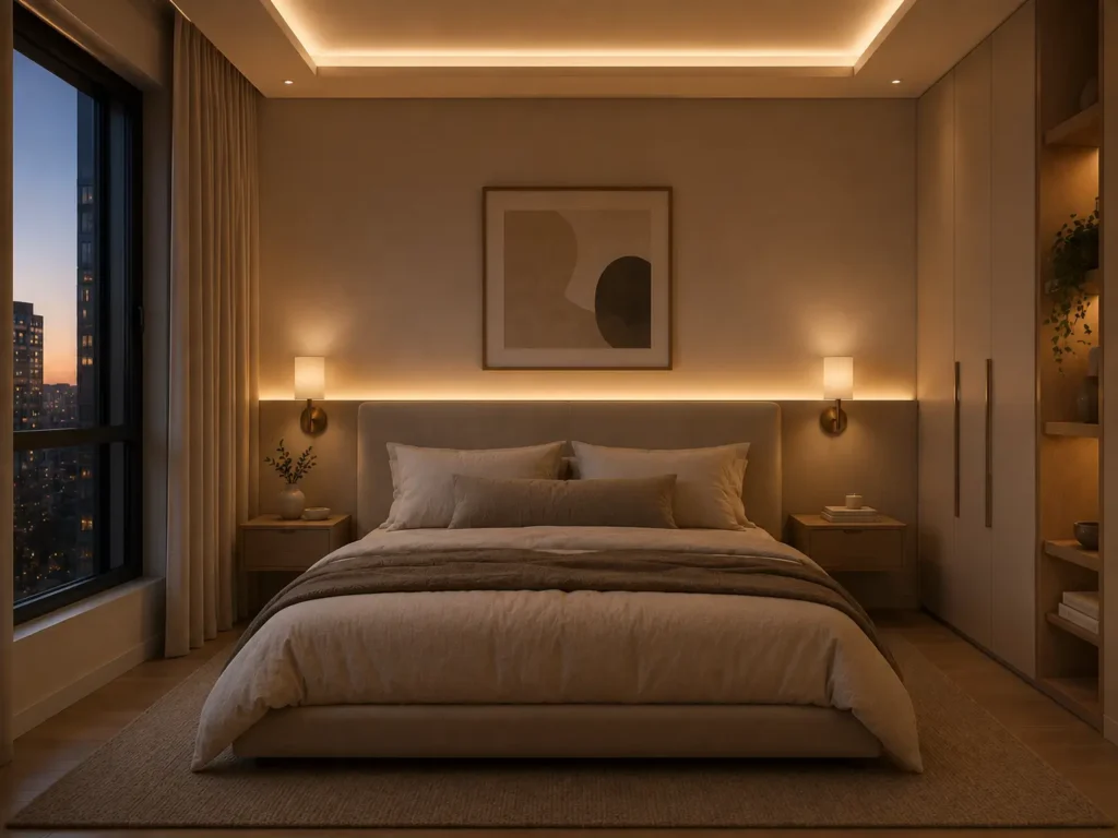 Quarto com iluminação indireta