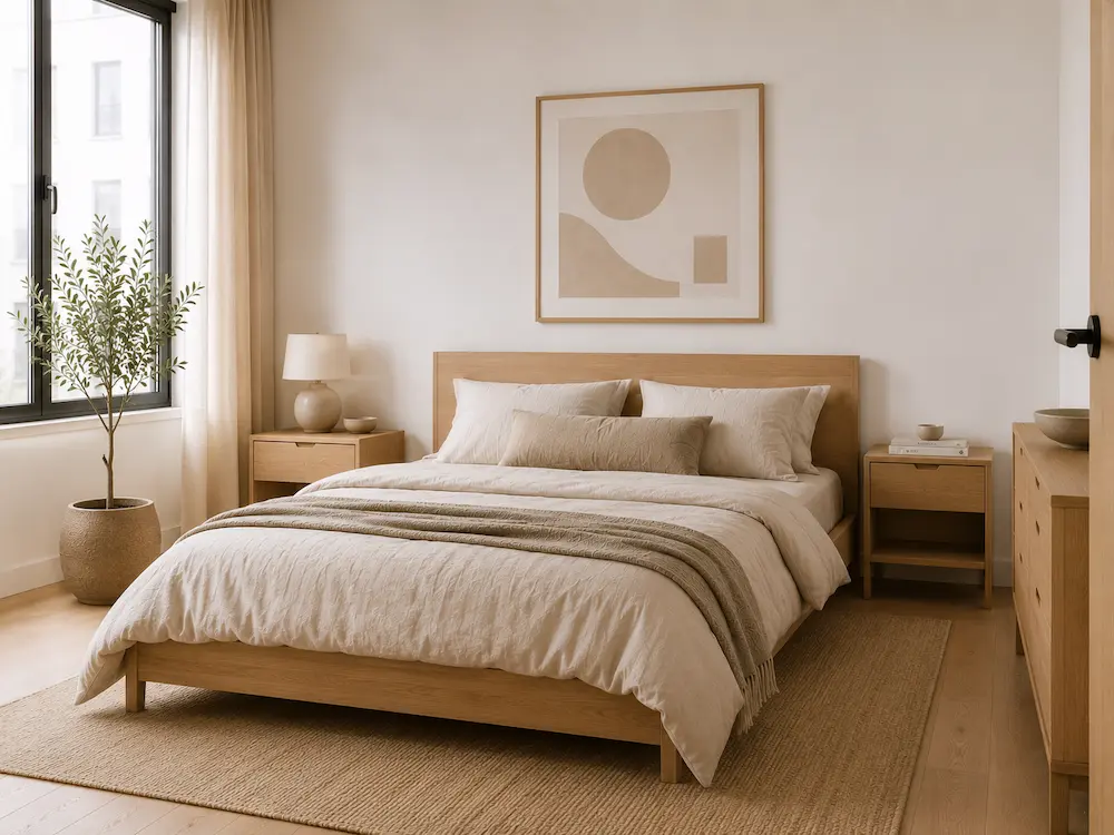 quarto minimalista de madeira clara
