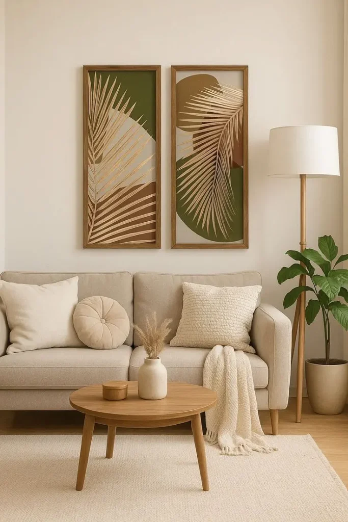 Imagem de uma sala minimalista com quadros discretos