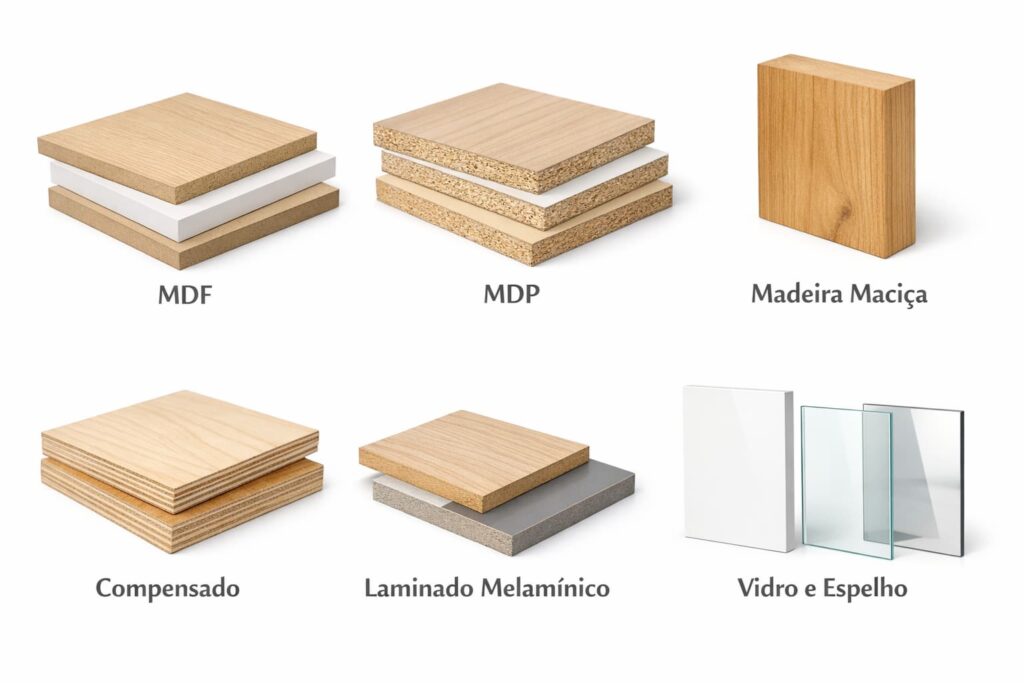 Imagem com algumas opções de materiais para móveis planejados