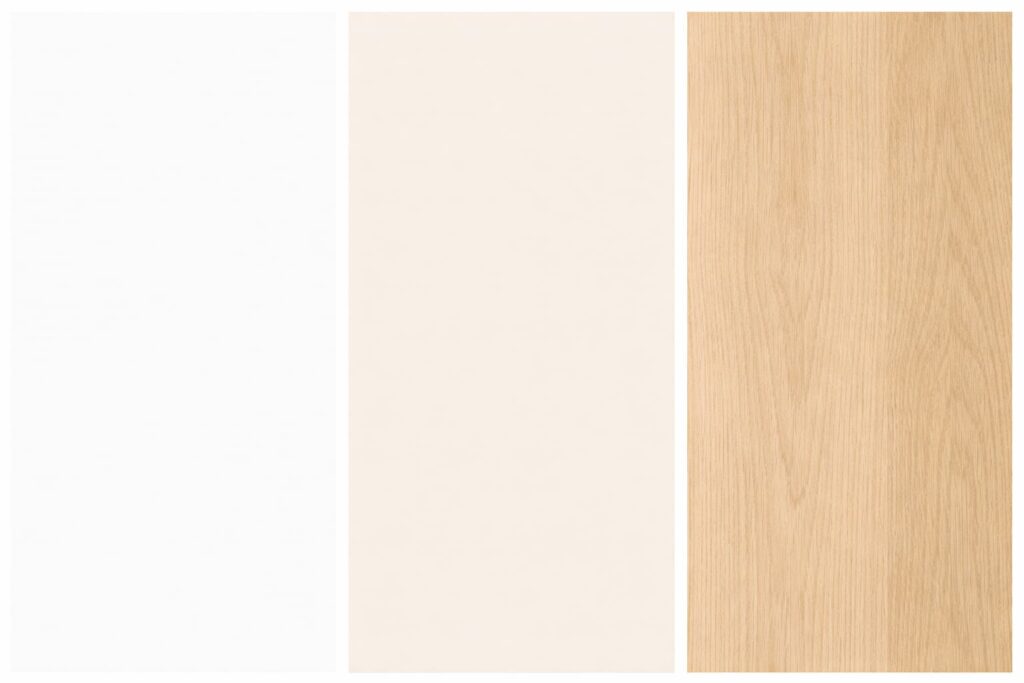 Imagem com a paleta minimalista: Branco + bege + madeira clara