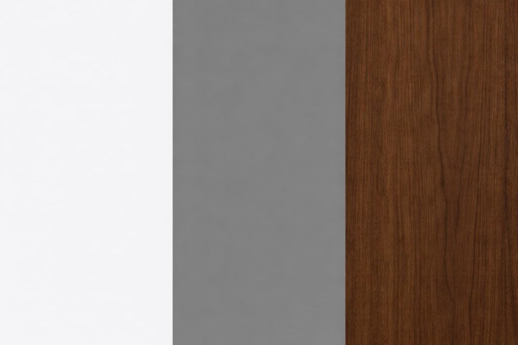 Imagem com as cores Branco gelo + cinza médio + madeira escura