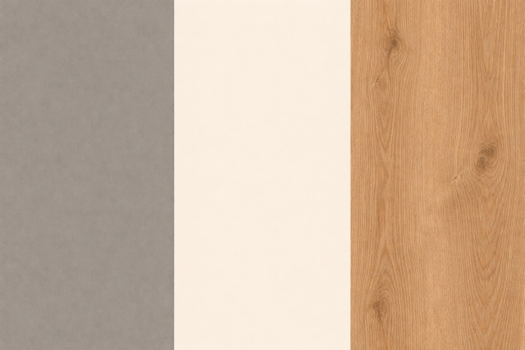 Imagem com as cores Cinza quente + creme + madeira natural