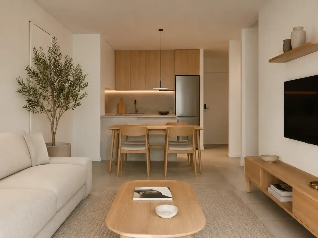 Sala integrada com paleta neutra e linhas retas