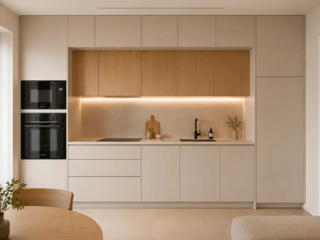 Cozinha minimalista com armários até o teto