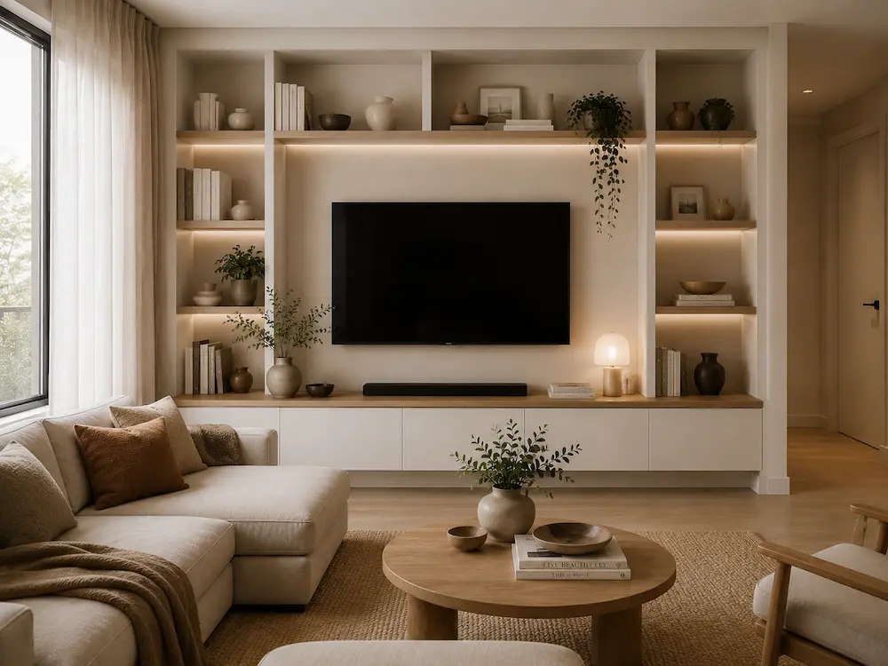 sala com estante embutida