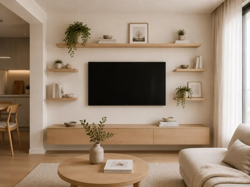 sala com prateleiras na parede da tv