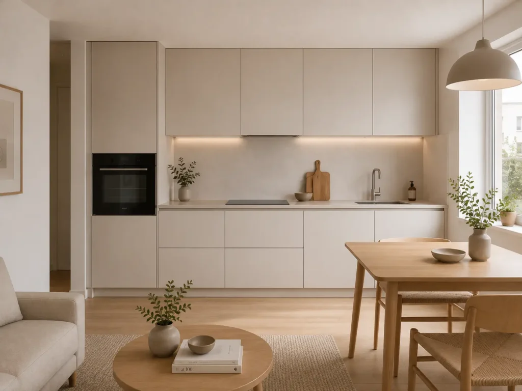 Studio com cozinha minimalista e armários lisos