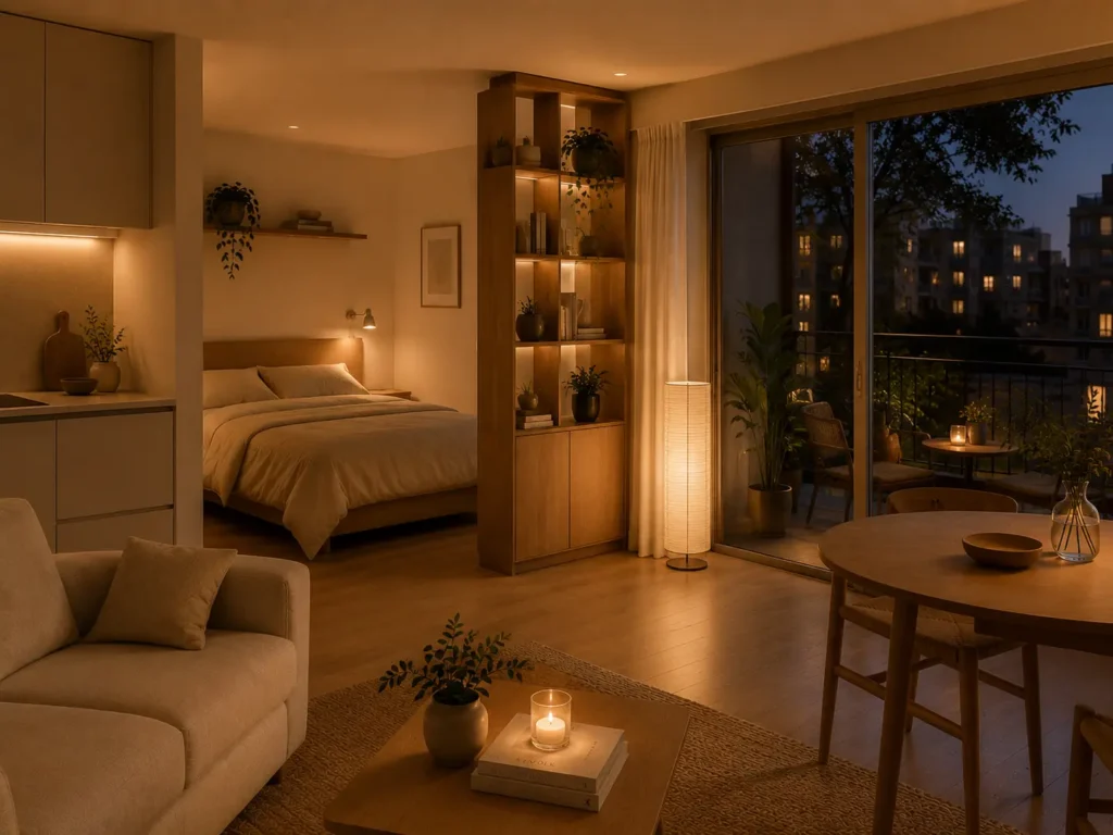 Studio com iluminação indireta e luz quente