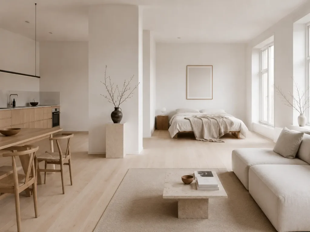 Studio com layout aberto e poucos móveis