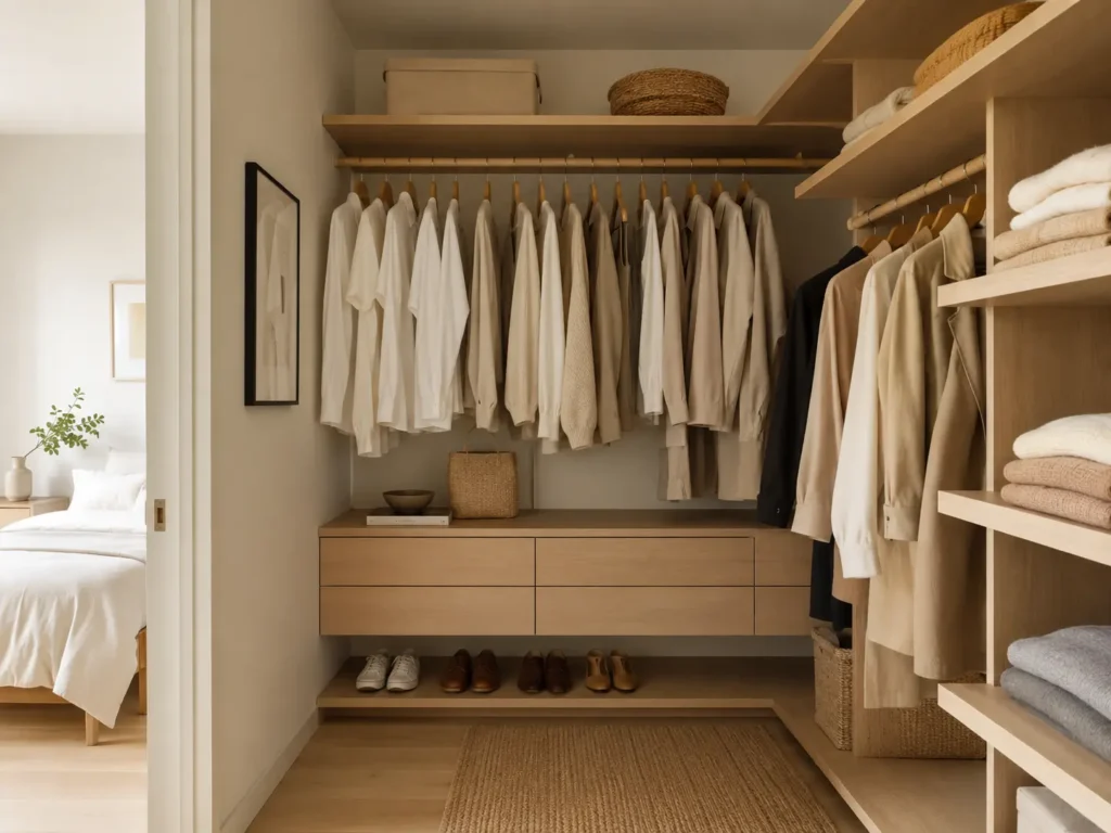 Closet aberto em madeira clara