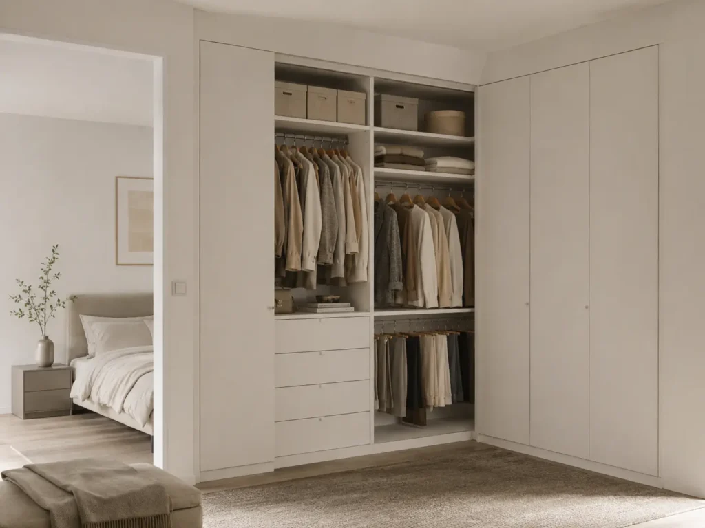 Closet em L com tons neutros