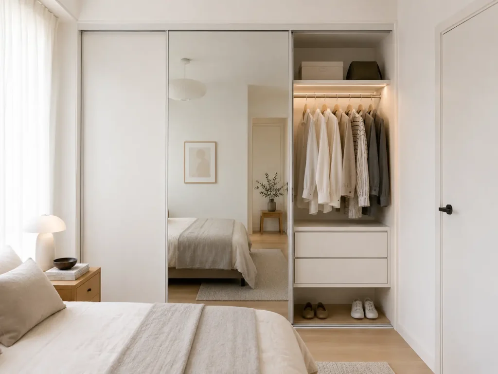 Closet linear com portas espelhadas