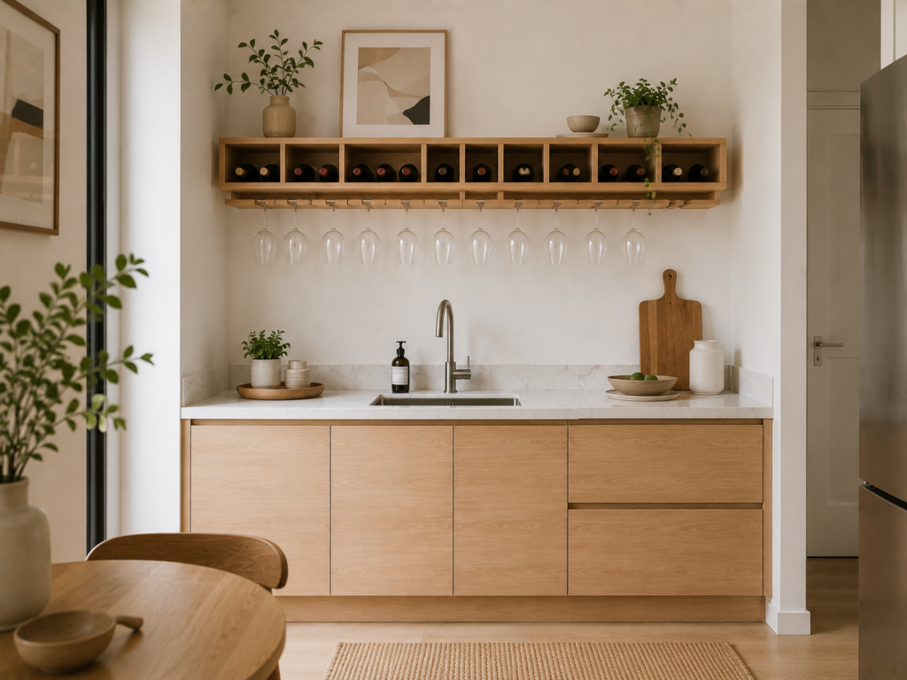 parede da cozinha com adega e suporte para taças