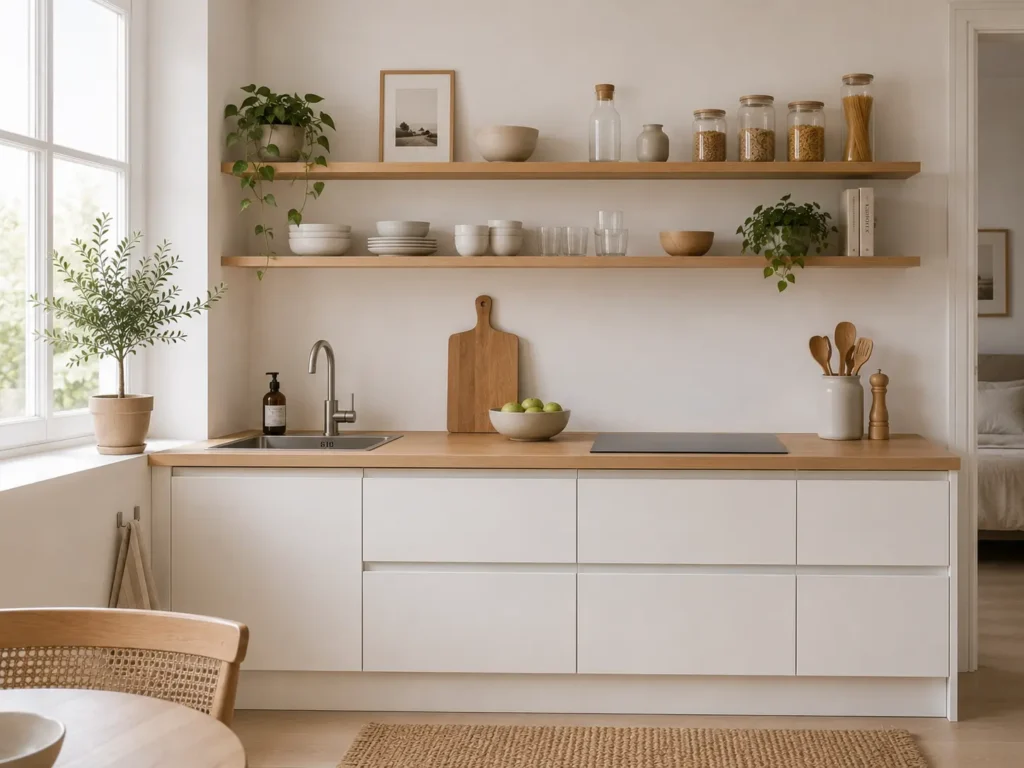 Cozinha modulada com prateleiras abertas