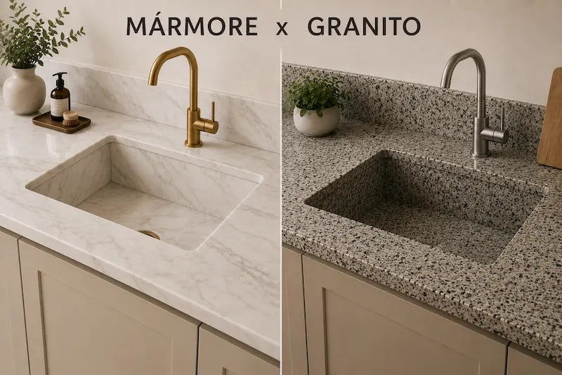 imagem com a diferença da pia de mármore e granito