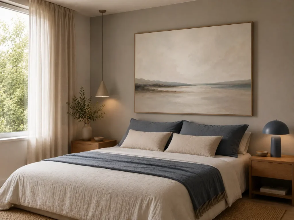 quarto com quadro grande sobre a cama