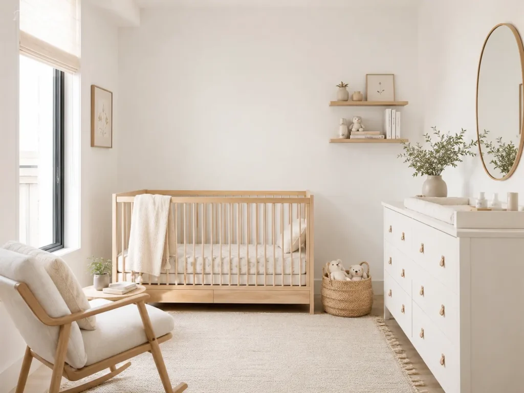 imagem de quarto de bebê minimalista em madeira clara