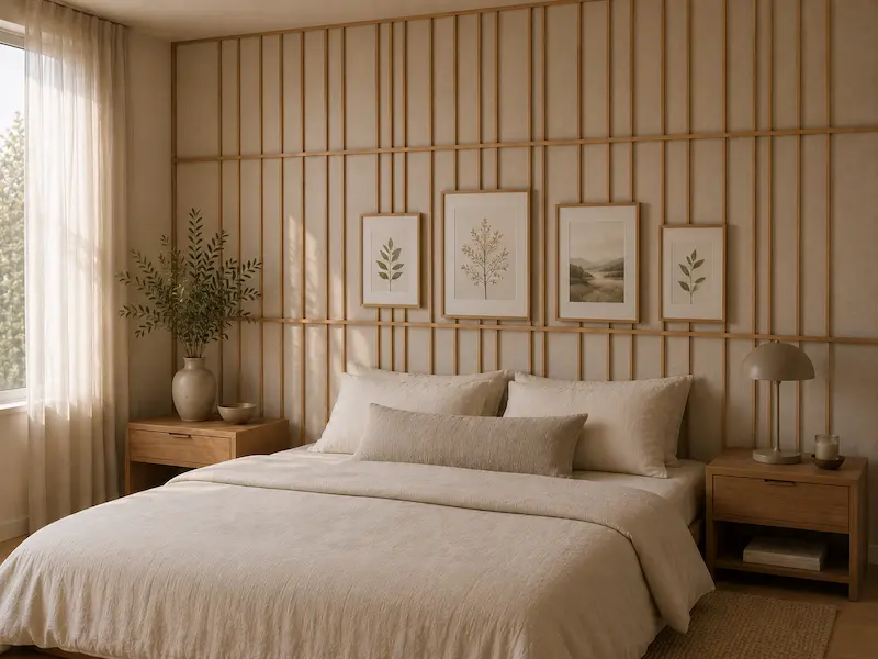 quarto com estrutura de bambu no lugar na cabeceira