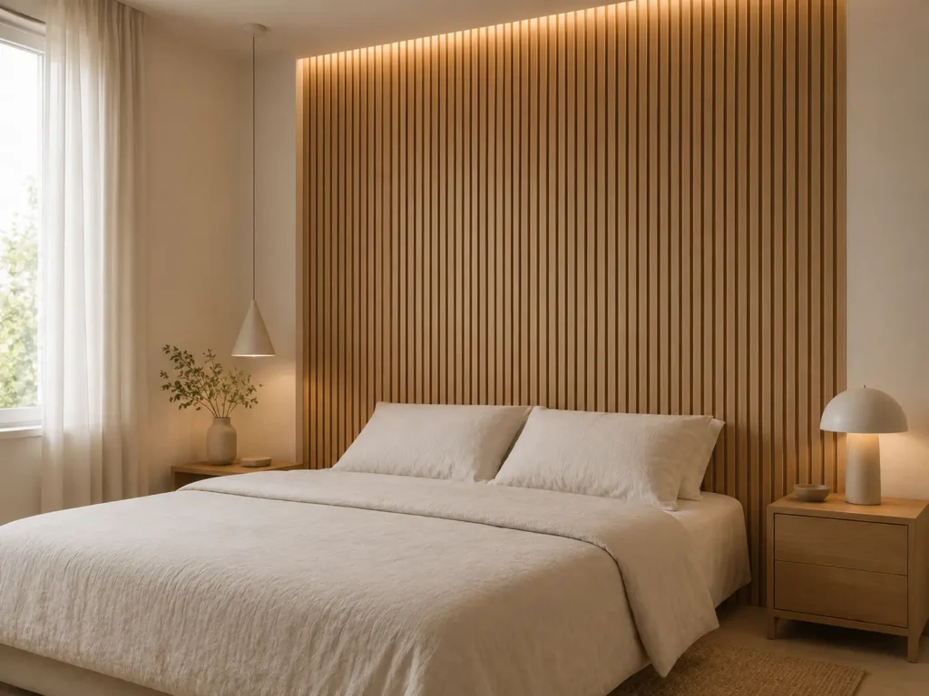 quarto com painel ripado em madeira no lugar da cabiceira