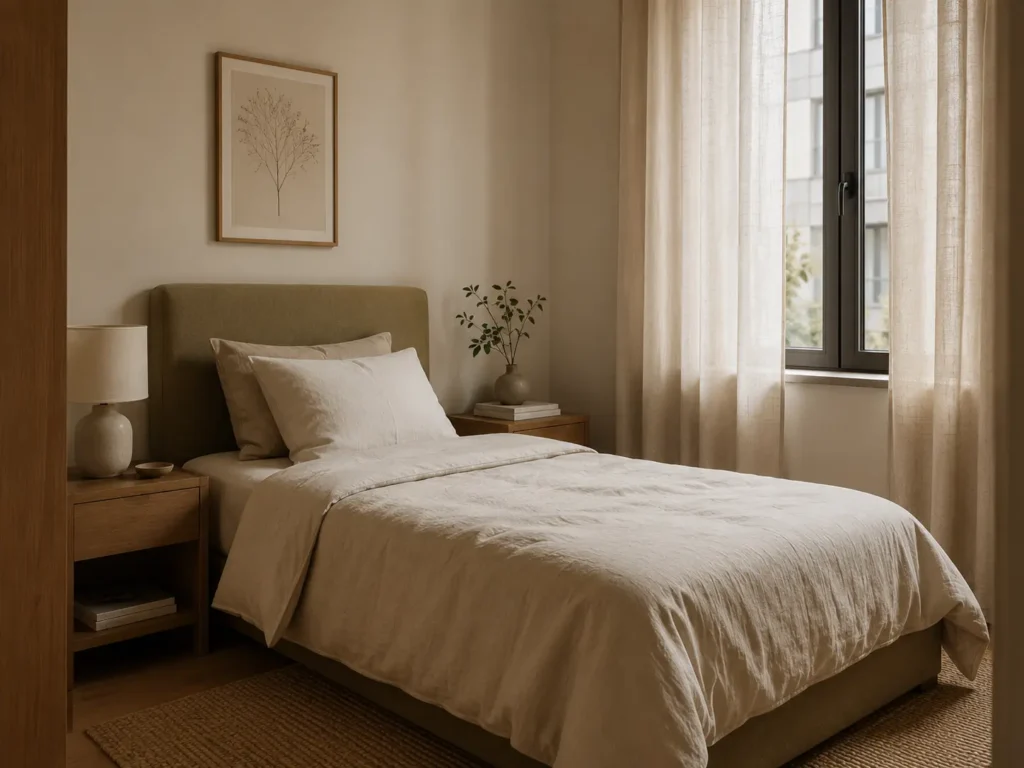 Quarto minimalista com cabeceira estofada