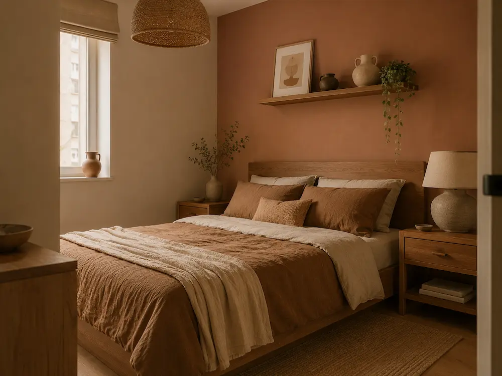 Quarto minimalista com tons terrosos