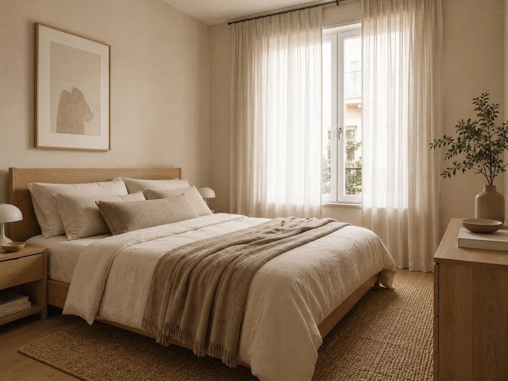 Quarto com base neutra e madeira clara